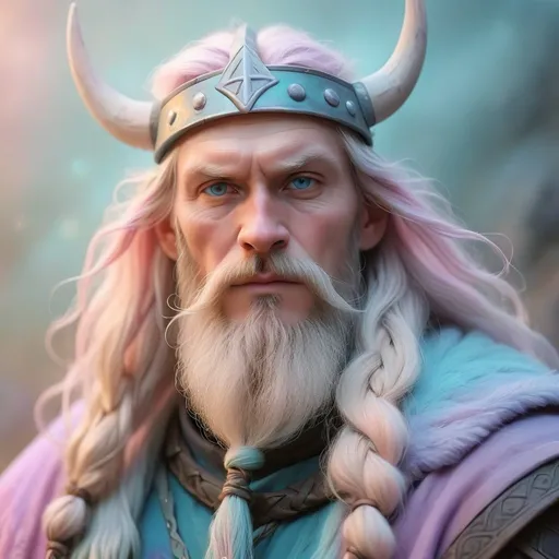 Prompt: Dreamy pastel portrait, viking wizard, ethereal atmosphere, soft focus