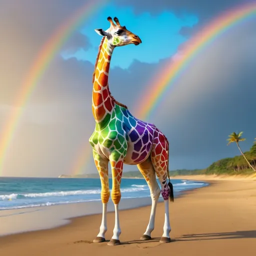 Prompt: Rainbow giraffe on the beach 4k hi resolution 