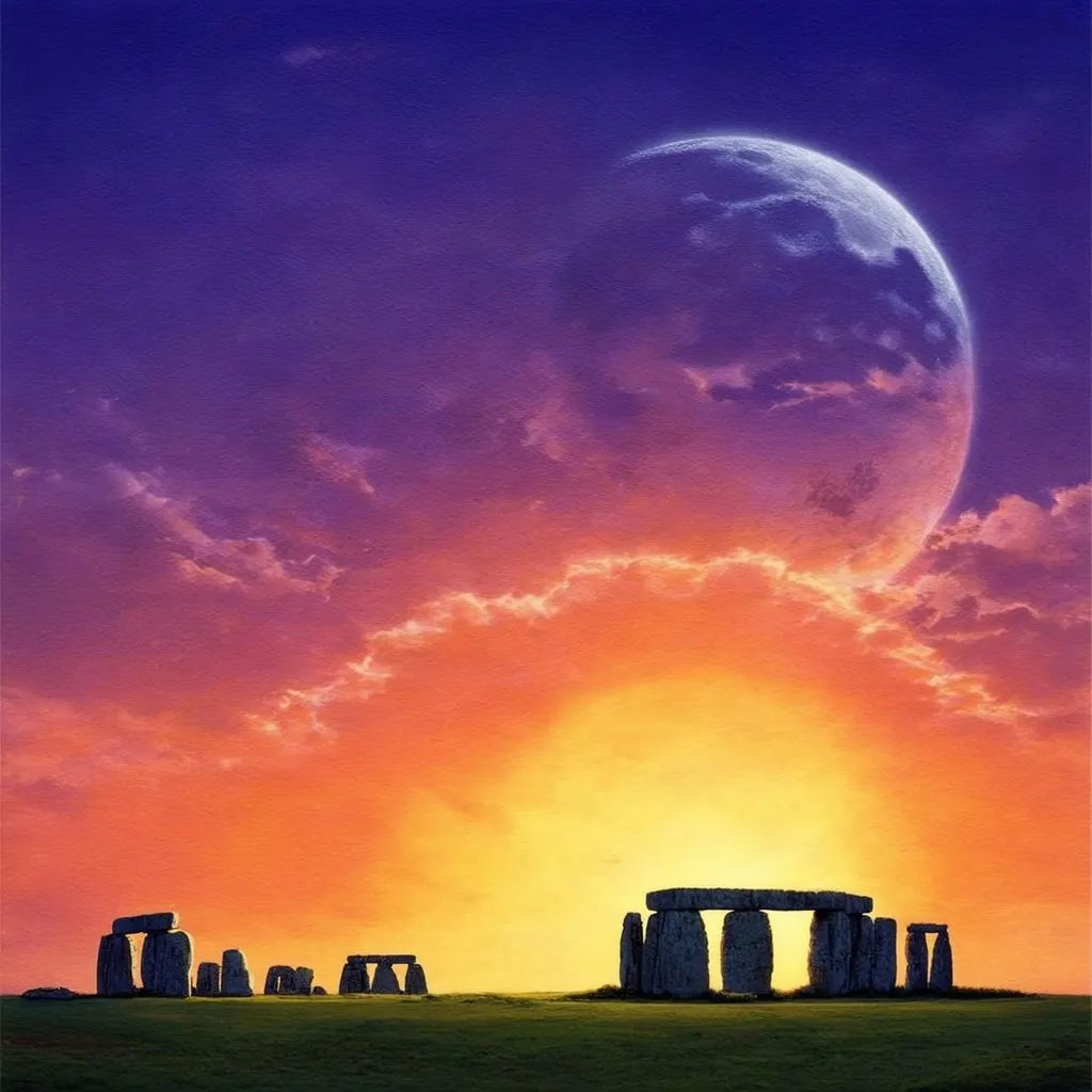 Prompt: Strawberry solstice moon and sun at Stonehenge 