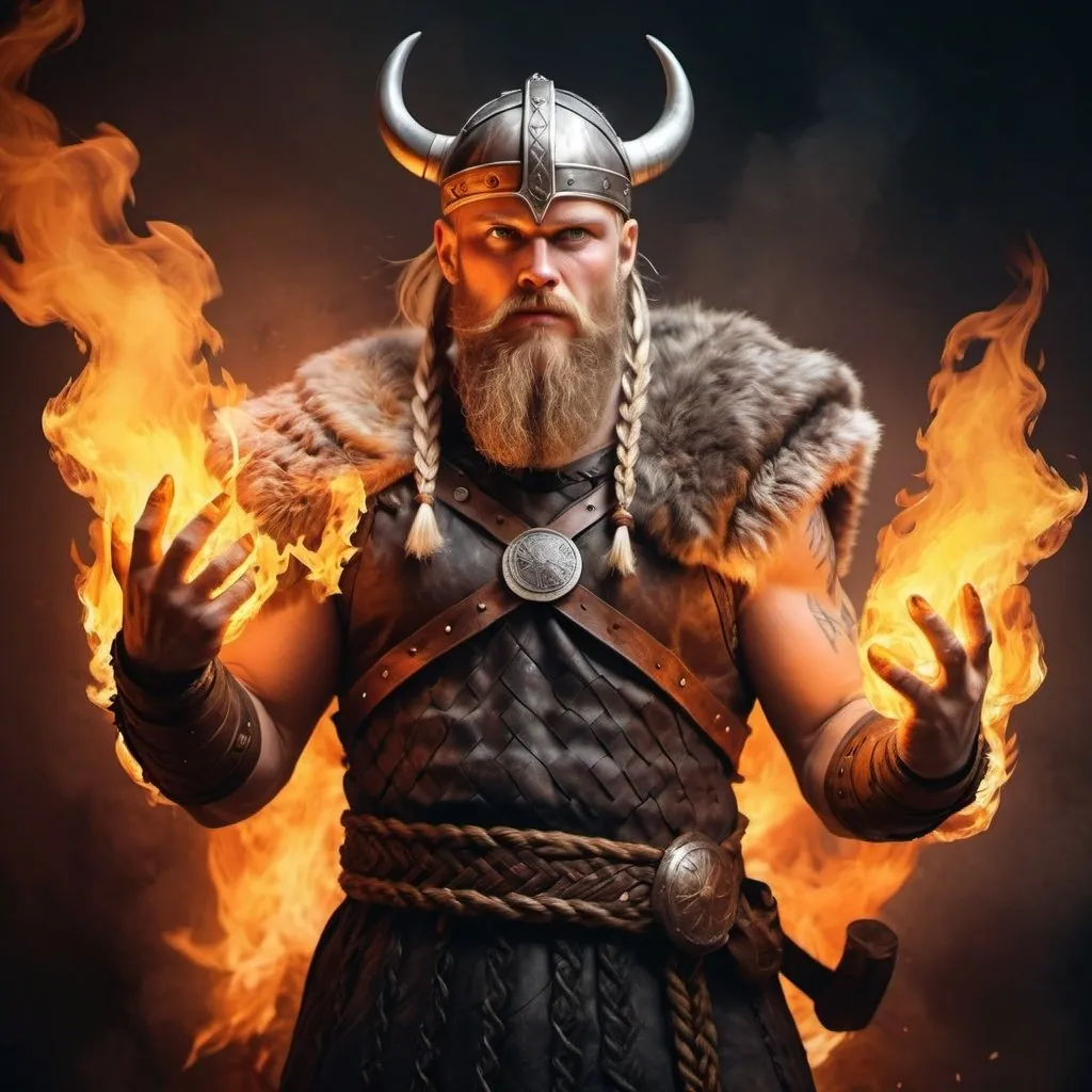 Prompt: hyper-realistic viking character with fire hands, fantasy character art, illustration, trance warm tone