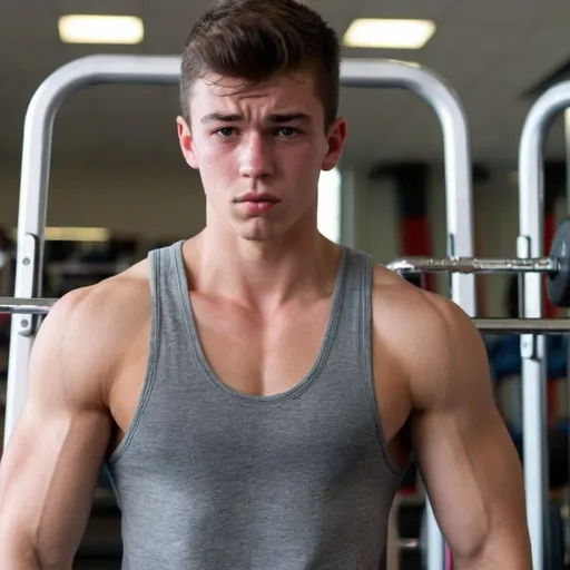 Prompt: in a gym an athletic 18 years old guy is ripping his tank top apart with his hands and revels his muscled body. he looks very sweaty and exhausted