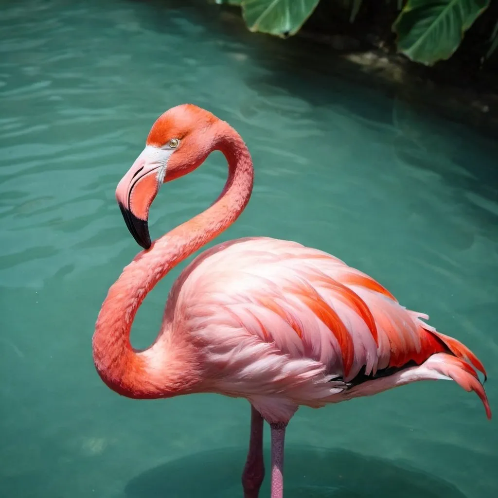 Prompt: a pink flamingo in water