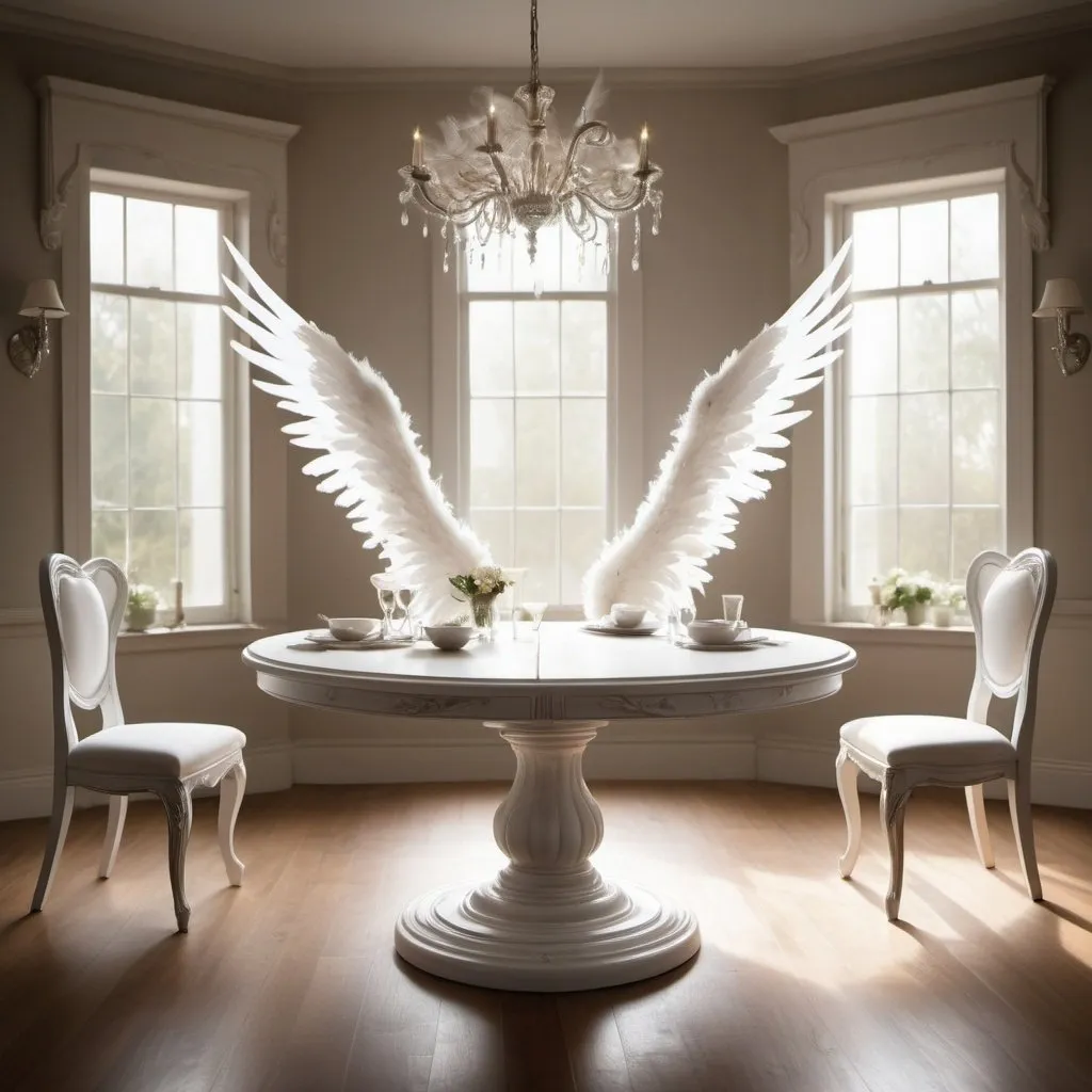 Prompt:  Imagine a cozy kitchen table, perhaps made of polished wood, with four elegant angel wings sprouting from each corner. The wings are glistening white, with feathers delicately arranged, giving the impression that the table is gently floating in the air like a celestial being. The scene might include a softly glowing halo hovering above the tabletop, adding to its angelic appearance.