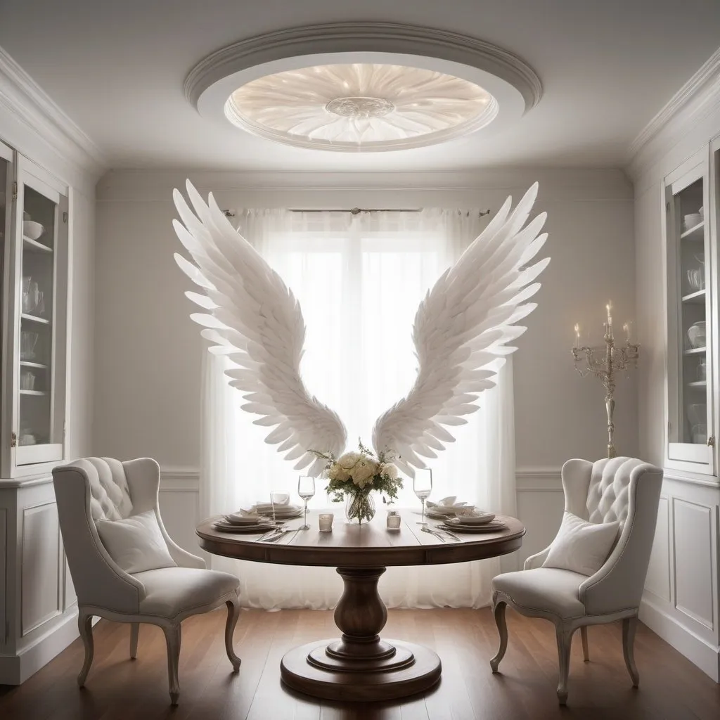 Prompt:  Imagine a cozy kitchen table, perhaps made of polished wood, with four elegant angel wings sprouting from each corner. The wings are glistening white, with feathers delicately arranged, giving the impression that the table is gently floating in the air like a celestial being. The scene might include a softly glowing halo hovering above the tabletop, adding to its angelic appearance.