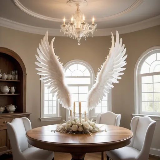 Prompt:  Imagine a cozy kitchen table, perhaps made of polished wood, with four elegant angel wings sprouting from each corner. The wings are glistening white, with feathers delicately arranged, giving the impression that the table is gently floating in the air like a celestial being. The scene might include a softly glowing halo hovering above the tabletop, adding to its angelic appearance.