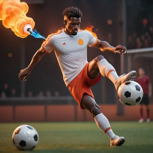 Prompt: a man playing soccer with fire on the ball and in the background while he is listening to music on his airpods
