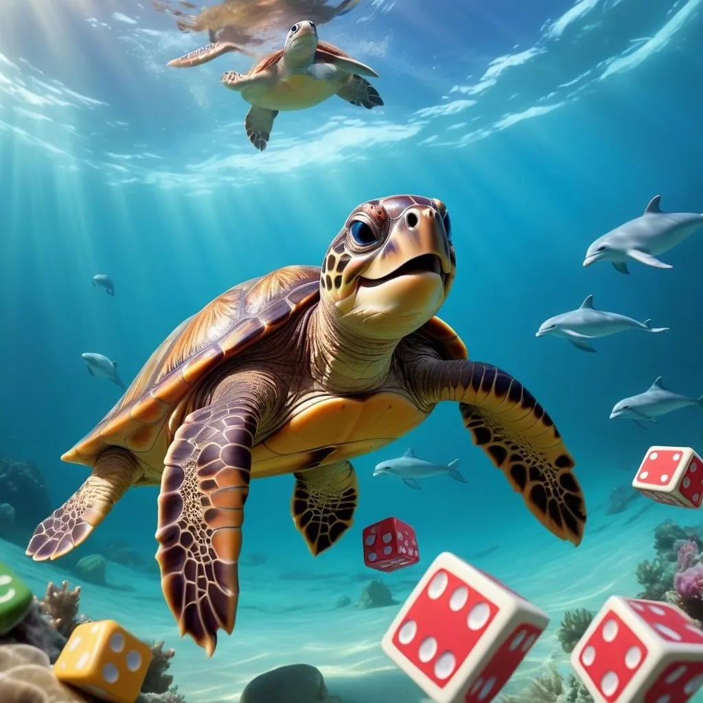 Prompt: a turtle underwater in the sea while being as happy as you can be also playing board games with dolphins