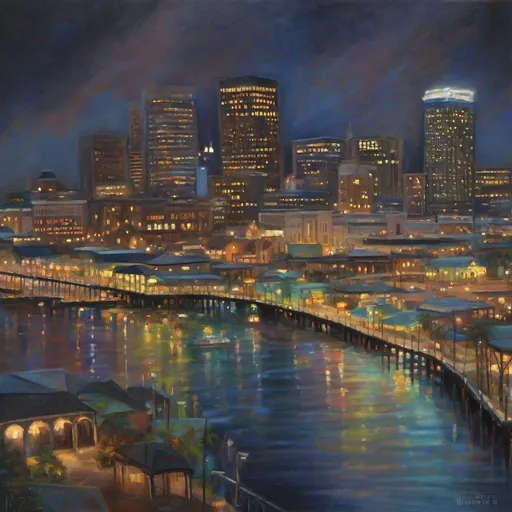 Prompt: oil paint a detailed and dynamic night-time skyline of New Orleans, with the city lights twinkling against the dark sky. Include prominent structures such as the One Shell Square, the Harrah’s Casino, and the illuminated Crescent City Connection bridge. Capture the lively energy of the city that never sleeps. Visible strokes,rough edges,muted colors.Warm lighting neutral backdrop