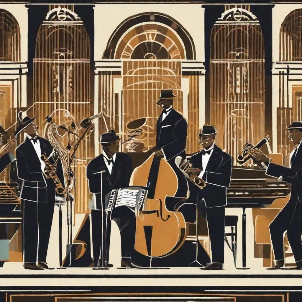 Prompt: Illustrate a jazz band performing at Preservation Hall, using an art deco style. Emphasize geometric shapes, bold lines, and contrasting colors to convey the historic charm and timeless elegance of the venue and the musicians' performance.