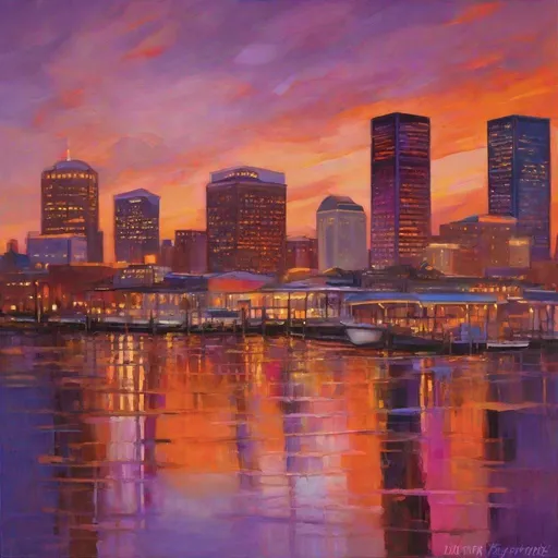 Prompt: oil paint a stunning New Orleans skyline at sunset, with the sky ablaze in shades of orange, pink, and purple. Highlight key buildings like the Hancock Whitney Center, the Place St. Charles, and the Mercedes-Benz Superdome. Emphasize the reflections in the Mississippi River and the vibrant atmosphere of the city winding down for the day.Visible strokes,rough edges,muted colors.Warm lighting neutral backdrop