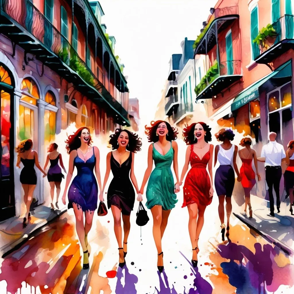 Prompt: digital watercolor painting, Create a fun and dynamic illustration of a group of women walking down Bourbon Street in the French Quarter of New Orleans. The women should be having fun and laughing. Use bright and bold colors. include a street sign that says "Bourbon"., paint splatter, black and red, bold brush strokes, art nouveau