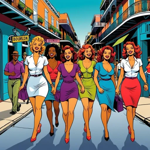 Prompt: Create a fun and dynamic illustration of a group of women walking down Bourbon Street in the French Quarter of New Orleans. The women should be having fun and laughing. Use bright and bold colors. include a street sign that says "Bourbon".  2d shaded retro comic book