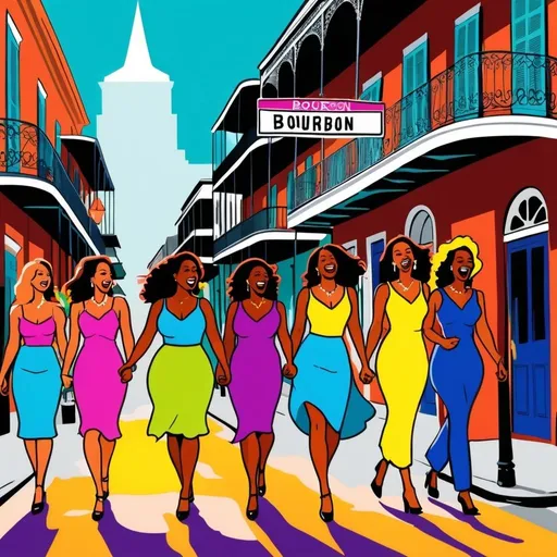 Prompt: Create a fun and dynamic illustration of a group of women walking down Bourbon Street in the French Quarter of New Orleans. The women should be having fun and laughing. Use bright and bold colors. include a street sign that says "Bourbon".