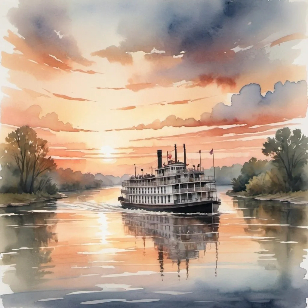 Prompt: Create a dramatic watercolor scene of a riverboat cruising down the Mississippi River at sunset. Use muted colors and flowing lines to capture the serene and nostalgic atmosphere.