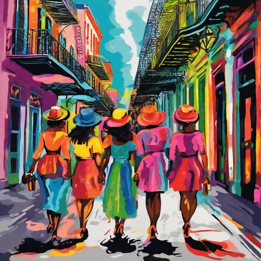 Prompt: Create a fun and dynamic illustration of a group of women walking down Bourbon Street in the French Quarter of New Orleans. The women should be having fun and laughing. Use bright and bold colors. include a street sign that says "Bourbon"., expressionism, vibrant use light shadow