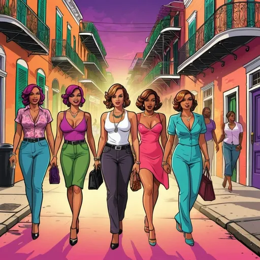 Prompt: GTA V cover art, Create a fun and dynamic illustration of a group of women walking down Bourbon Street in the French Quarter of New Orleans. The women should be having fun and laughing. Use bright and bold colors. include a street sign that says "Bourbon".