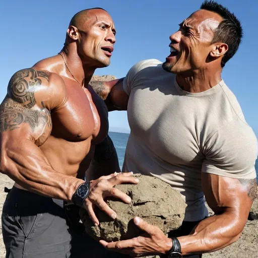 Prompt: dwayne the rock johnson throwing grenade at pregnant woman