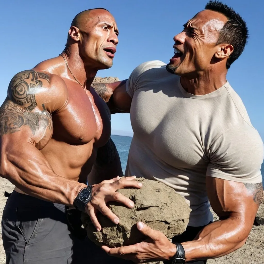 Prompt: dwayne the rock johnson throwing grenade at pregnant woman