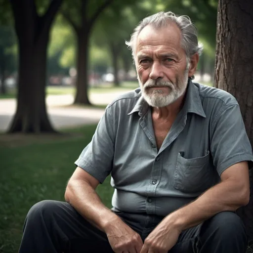 Prompt: dramatic color photo of a hairy 65 years old man, subtle smile, grey beard and hair, handsome, sitting in a park, short sleeves open shirt, shoes hairy chest and hairy arms. Dirk Braeckman style, professional lighting, high contrast, detailed texture, dramatic atmosphere, aged facial features, fine art, highres, professional, subtle expression, chiaroscuro lighting