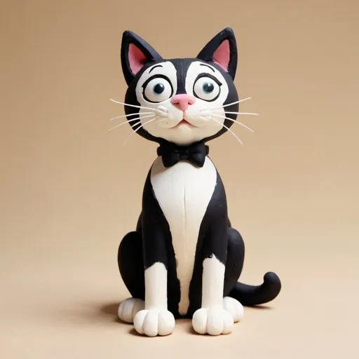 Prompt: A tuxedo black and white cat sitting with big feet in claymation style
