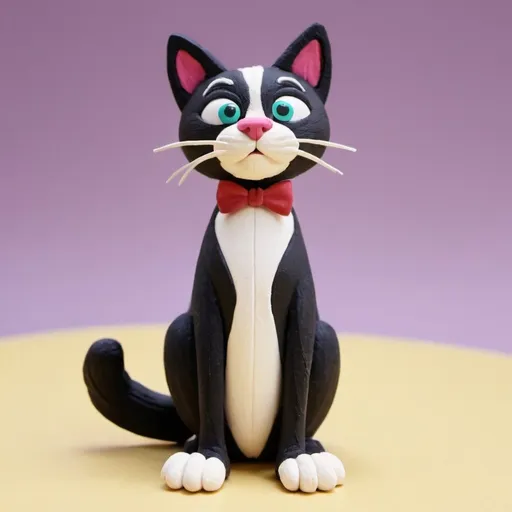 Prompt: A tuxedo cat with big feet in claymation style
