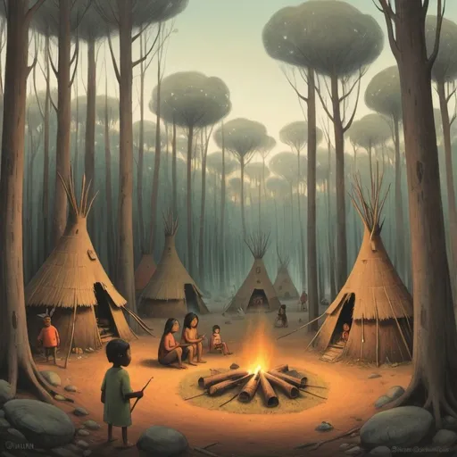 Prompt: A nature filled forest with aboriginals living in huts and getting warm around camp fires, Shaun tan style 