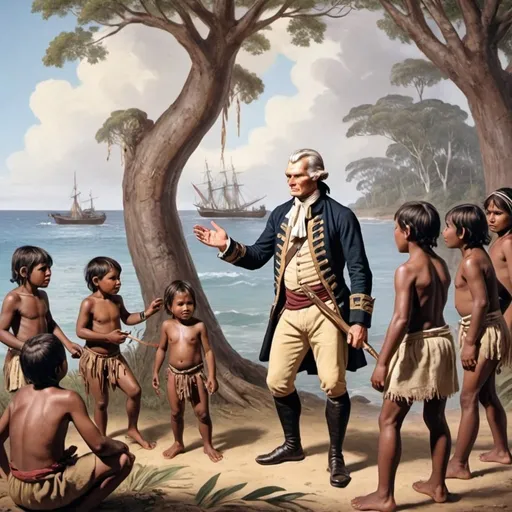 Prompt: captain James cook stealing the aboriginals children