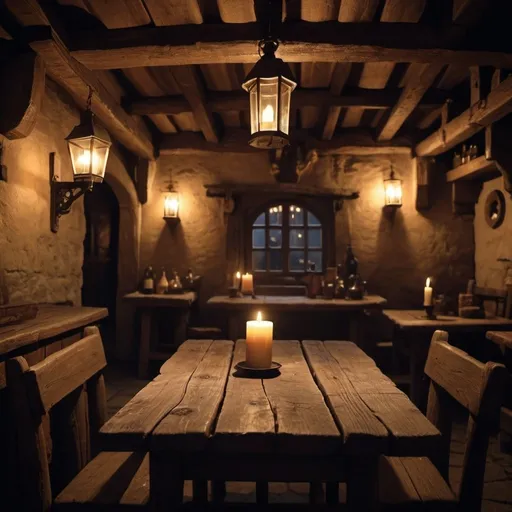 Prompt: interior of a rustic medieval tavern at night time. the camera is focused on a small table made out of wood.  there is a candle in the middle of the table. 