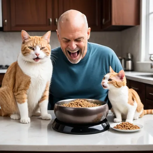 Prompt: a middle aged man who is bald eating heated up gourmet cat food in a fancy bowl while his two cats watch happily