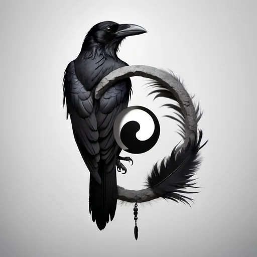 Prompt: Yin Yang concept with a raven, minimalistic style, high contrast, detailed feathers, black and white, serene atmosphere, high quality, minimalism, detailed feathers, balanced composition, monochrome, serene lighting