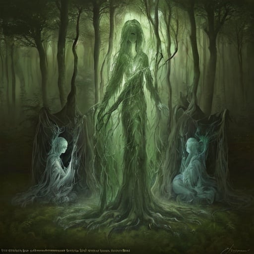 Prompt: Ancestral spirits in a mystical forest, oil painting, ethereal apparitions, haunting and powerful presence, intricate details, soft and subtle brushwork, ancient and wise aura, high quality, dramatic, mystical, forest green and earthy tones, soft natural lighting