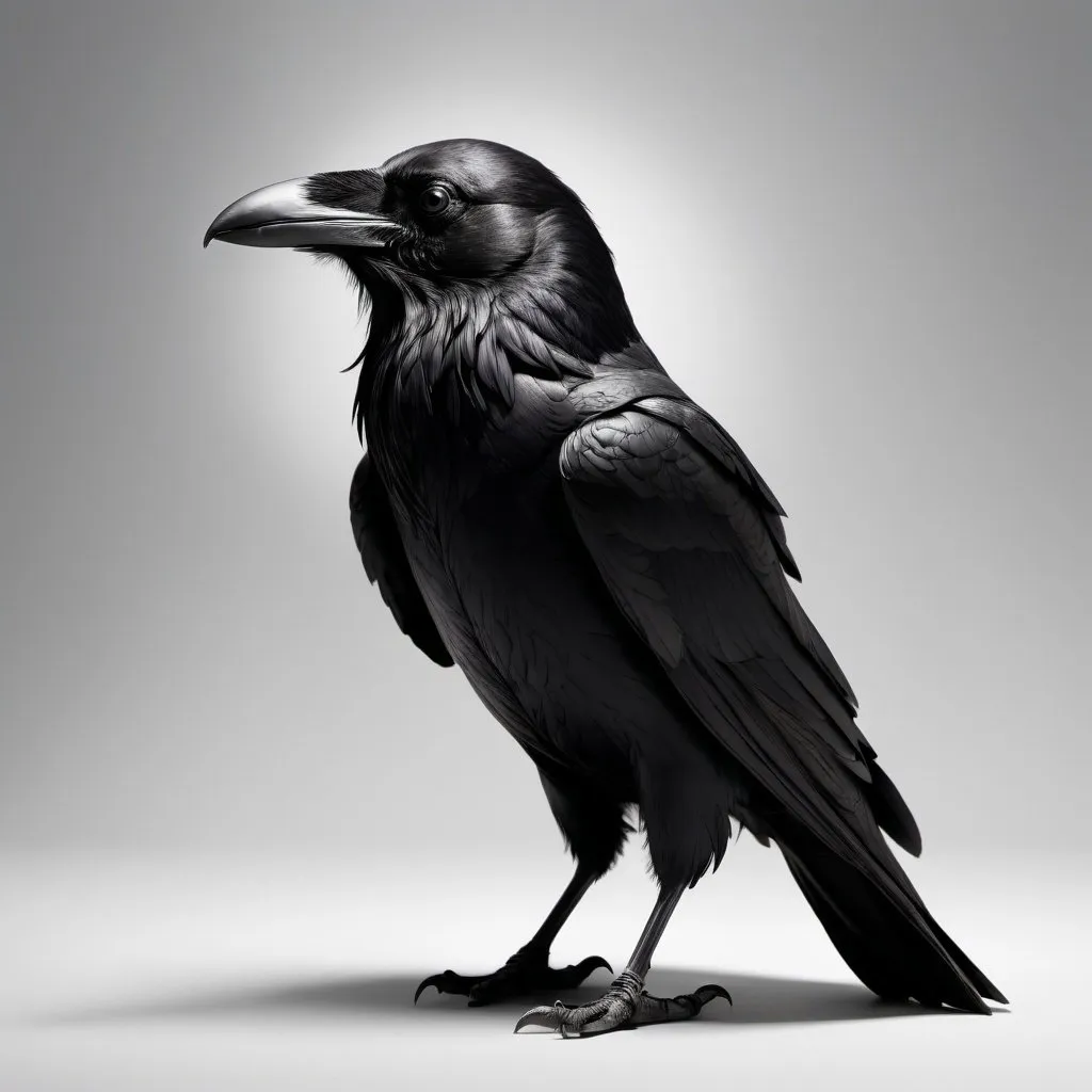 Prompt: Daoist concept with a raven, minimalistic style, high contrast, detailed feathers, black and white, serene atmosphere, high quality, minimalism, detailed feathers, balanced composition, monochrome, serene lighting