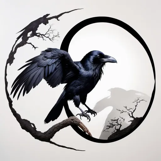 Prompt: Ying Yang, with a raven in the middle, white backdrop