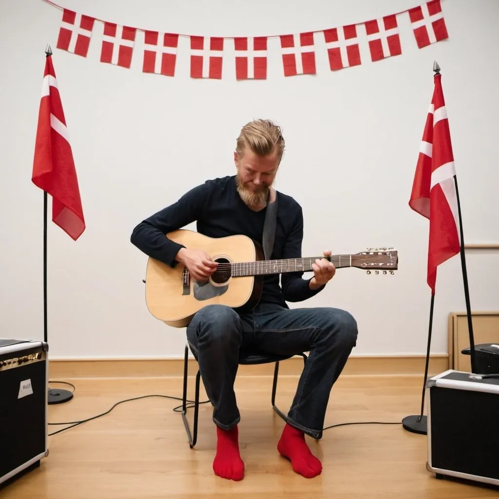 Prompt: Dan Tillebæk playing guitar barefooted in Jyske Bank Boxen with Danish birthday flags