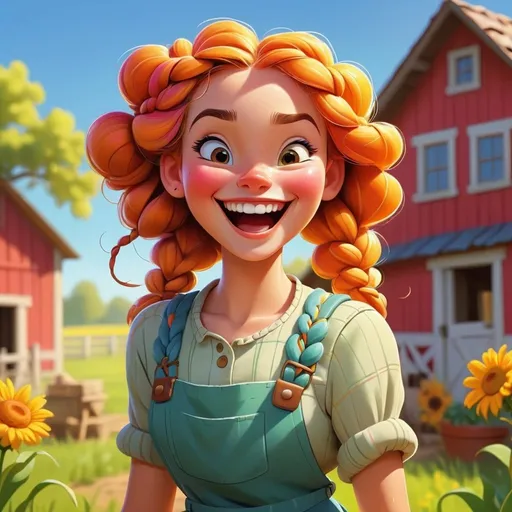 Prompt: Disney-style illustration of a cheerful farm girl, vibrant and sunny, cartoon, braided hair, joyful expression, bright colors, sunny day, professional quality, vibrant palette, charming, cheerful atmosphere, cartoon style, sunny lighting