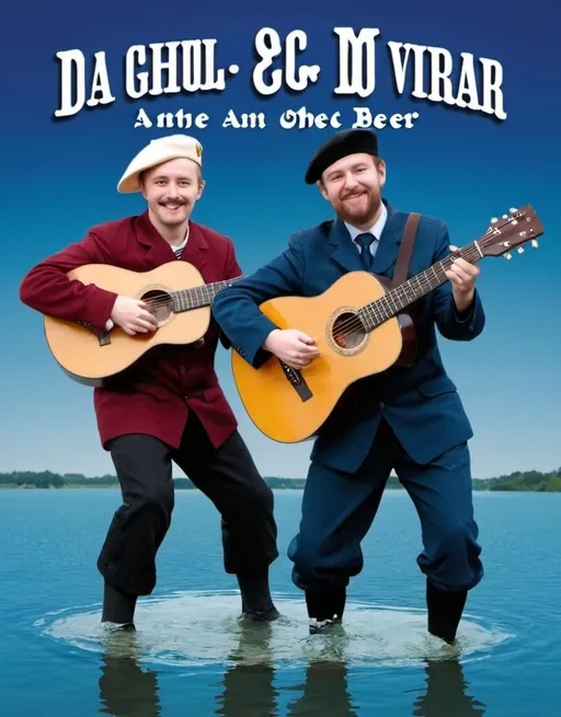 Prompt: Album cover of a funny man duo. A man in a beret and a folk guitar. The other boy has an electric guitar. They are both swimming in a beer lake.