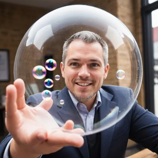 Prompt: A business owner, inside a bubble, with a pin about to burst the bubble