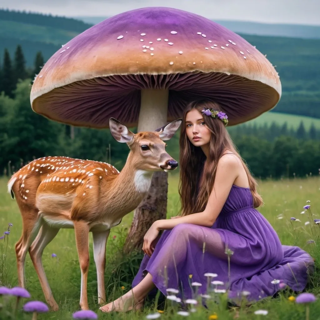 Prompt: Girl with flowy Dress and Long Hair sitting with a deer under a giant purple mushroom on a flower meadow on a rainy day
