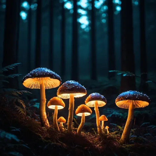 Prompt: Glowy mushrooms in forest at night
