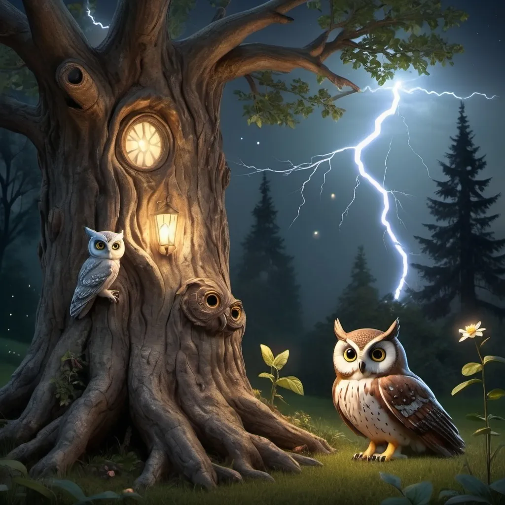 Prompt: Old tree with lightning Bugs and realistic owl talking to a beatiful fairy
