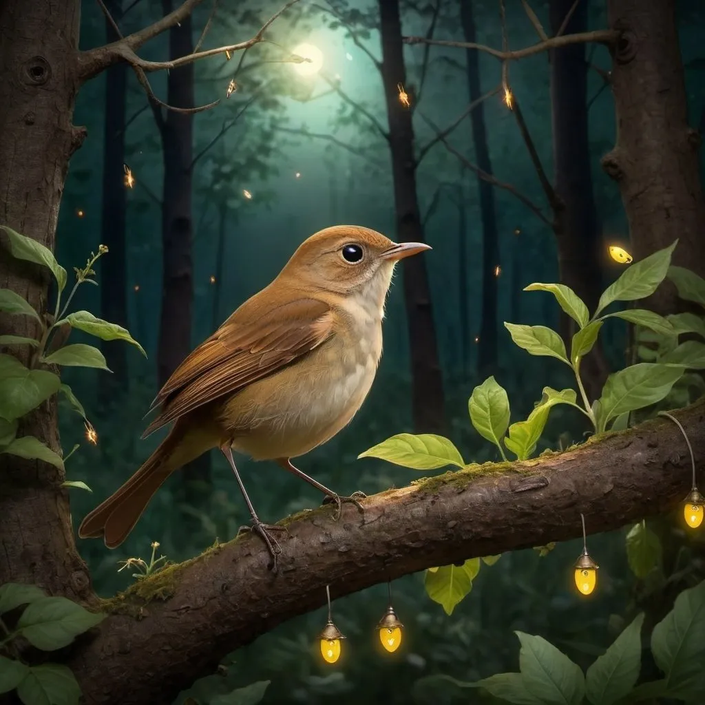 Prompt: Nightingale in Magical forest with lightning bugs
