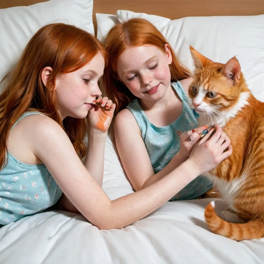 Prompt: two girls lying on a bed painting each other's nails with a furry ginger cat on a pillow