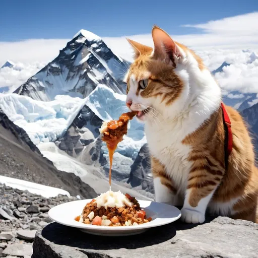 Prompt: a cat eating mount everest