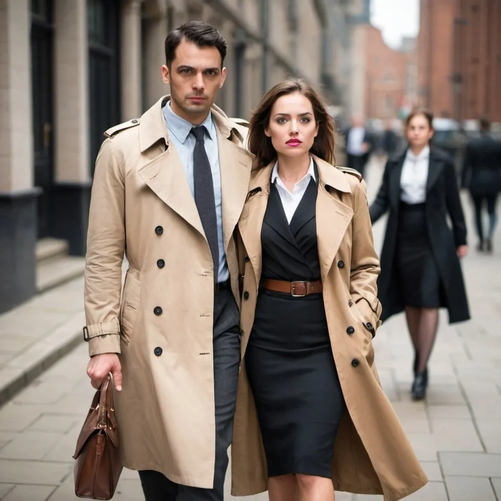 Prompt: a man in a trench coat following a lady in a pencil skirt and blouse. the lady looks sideways