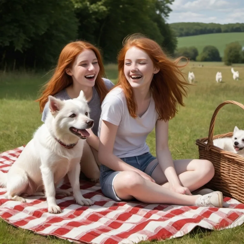 Prompt: in the countryside a redheaded teenager sits on a picnic blanket while her furry white dogs runs around a tall brunnette girl laughing