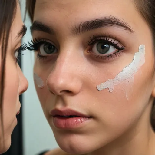 Prompt: a close up of a girl looking in the mirror with smudged mascara