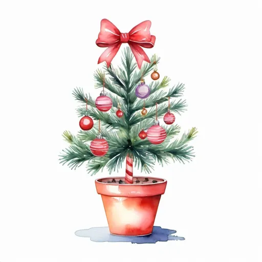 Prompt: Watercolor preppy christmas tree in pot with bow and oranments