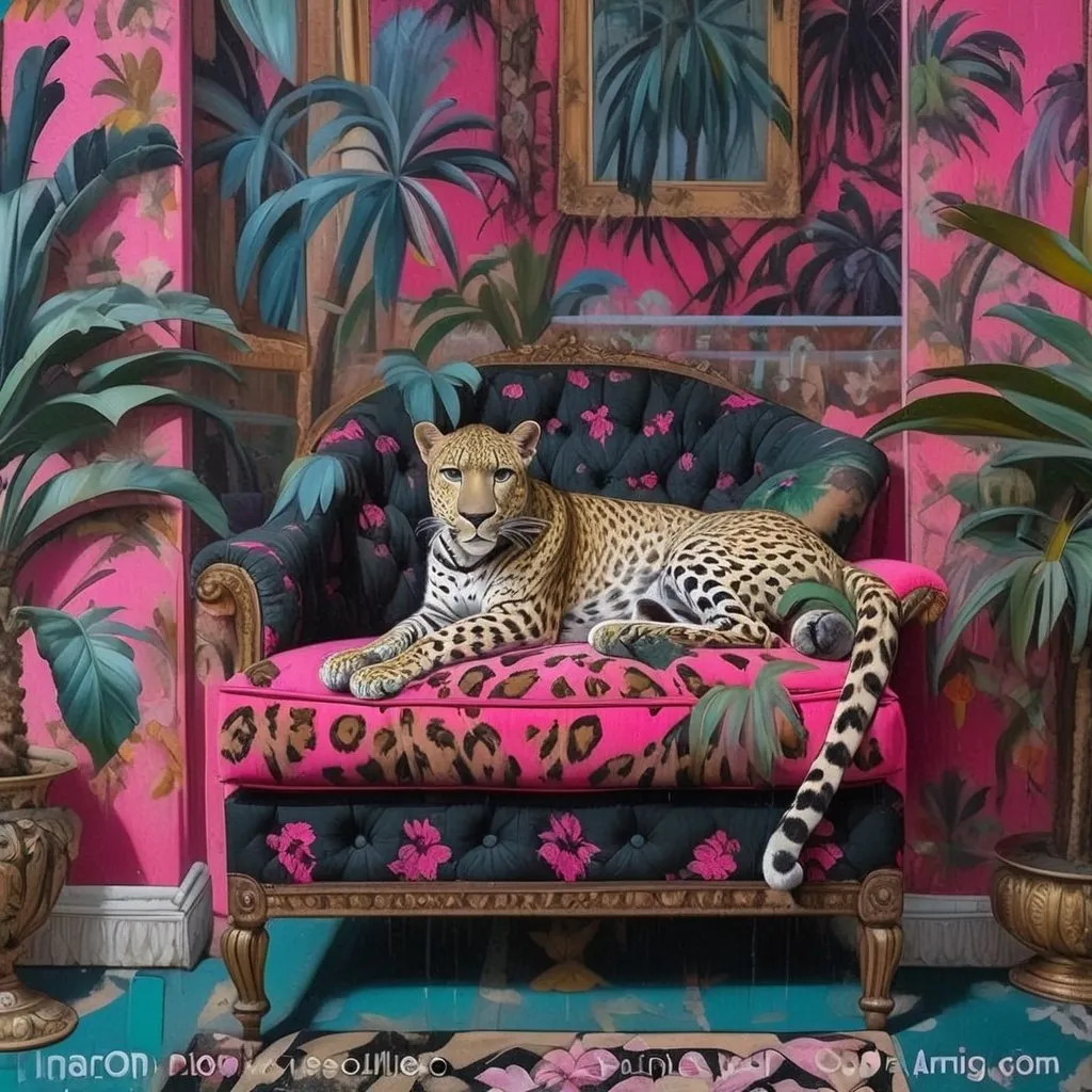 Prompt: leopard lounging on antique hot pink sofa with palm trees