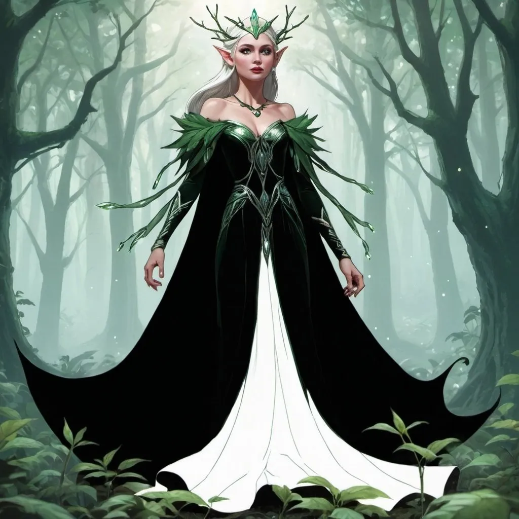 Prompt: An elf queen in the mystique forest with sprites behind her
