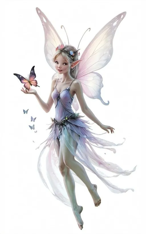 Prompt: Fairy holding a butterfly in her hand as she flies in the mystical forest